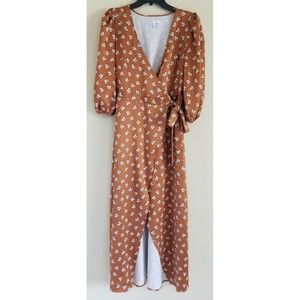 Express X LadyGang Womens Wrap Dress Small Brown Flower Print Party 3/4 Sleeve